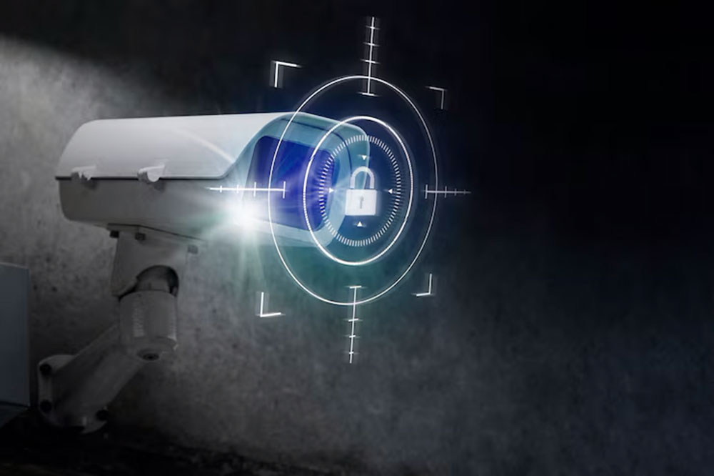 A security camera with a digital padlock icon, representing digital security and surveillance.
